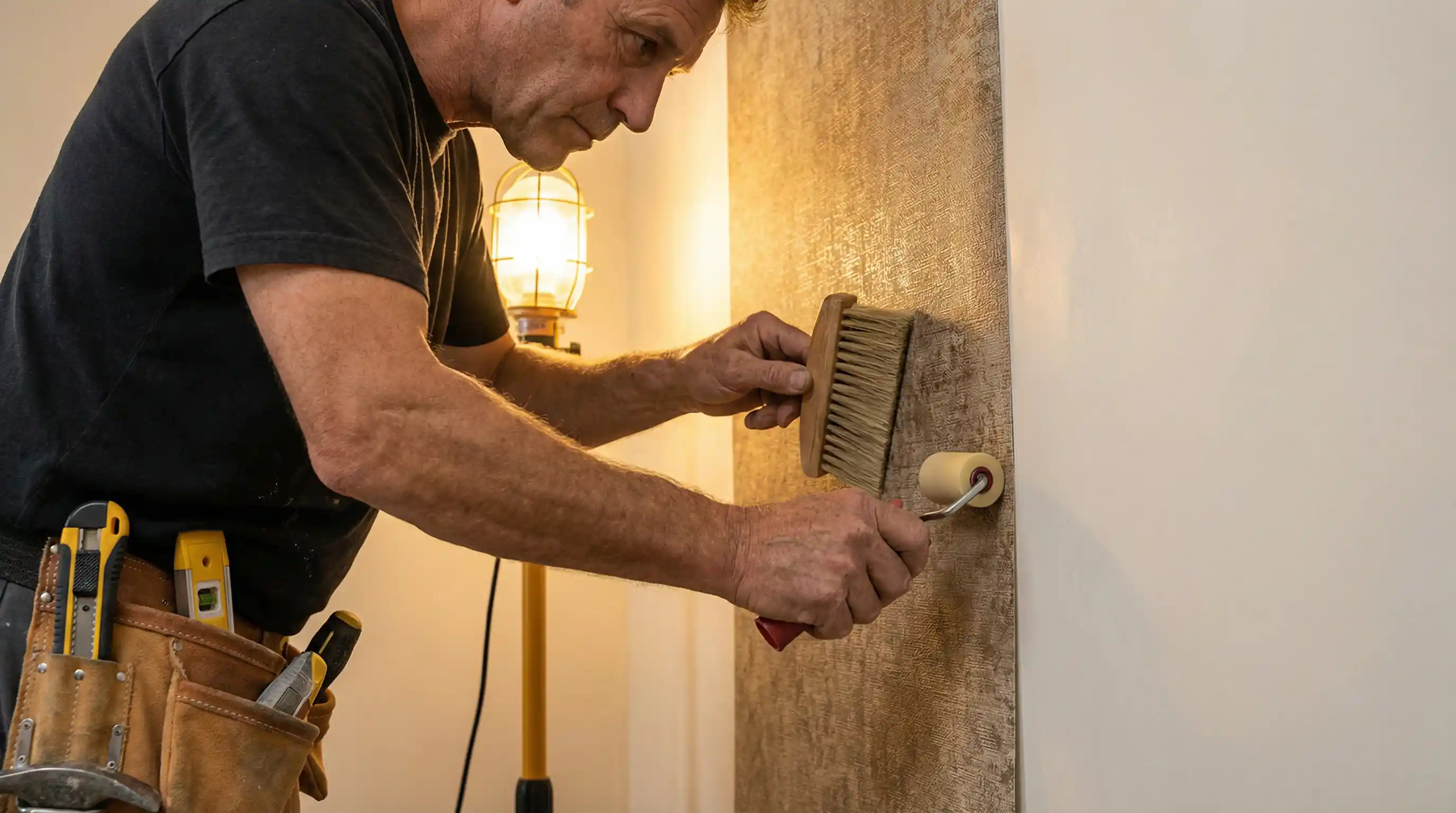 E&B Luxury Wallcovering installer at work in a New York home